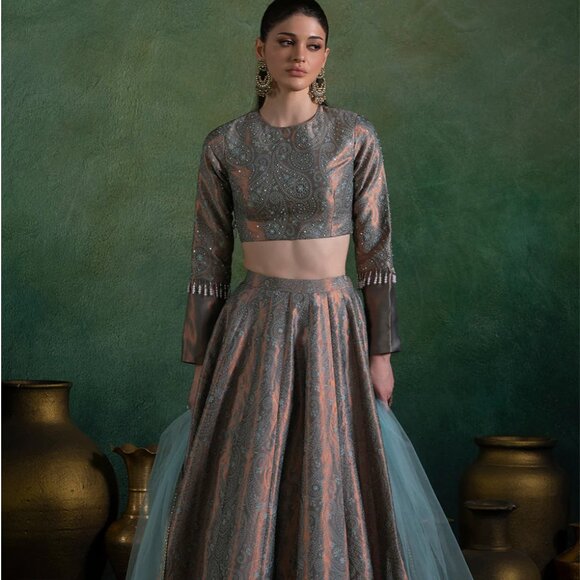 Silk Gray Mint Embroidered Brocade Lehenga 3 piece set Indian wedding guest - Picture 3 of 12